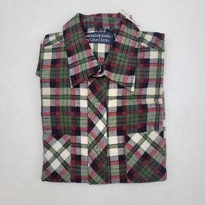 Vintage 80s American Basic Cakvin Charles Green White Red Blue Plaid Brushed...